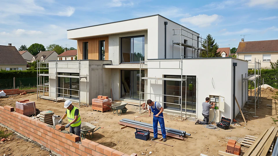 Chantier de construction résidentielle en cours, façade d'une maison neuve avec système d'isolation thermique par l'extérieur (ITE)